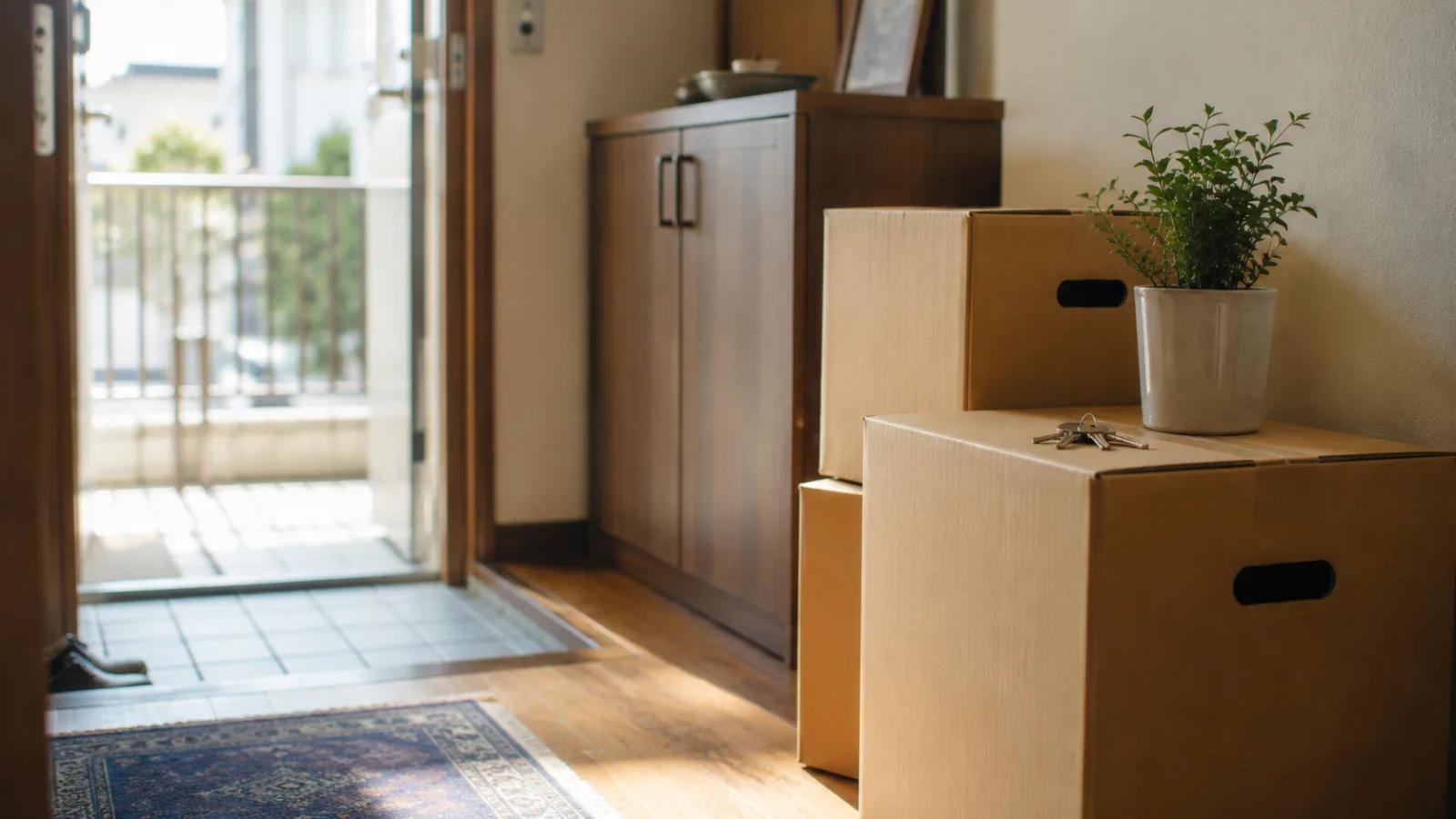 住み替え・お引越し前のイメージ：玄関先にまとめた段ボールと鉢植え、お家の鍵